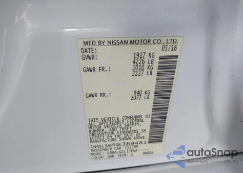 2016 Nissan Altima 2.5/2.5 S/2.5 Sl/2.5 Sr/2.5 Sv z USA, uszkodzony, nr VIN 1N4AL3AP5GN369481